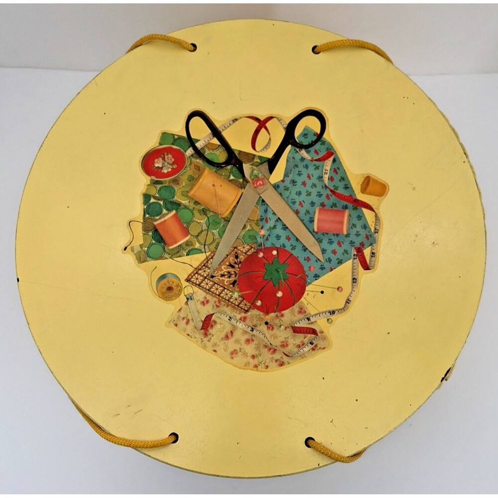 Vintage Mid Century Princess Sewing Basket Algonquin IL Yellow Wicker Spool Rack